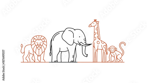 Cute line art zoo animals: lion, elephant, giraffe, monkey, playful, simple illustration