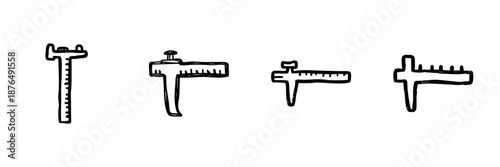 Caliper Measurement Tools Line Icon Set In Doodle Style. Precision Measuring Instruments For Engineering And Craftsmanship Outline Sketch Collection. Hand Drawn Isolated Vector Illustration