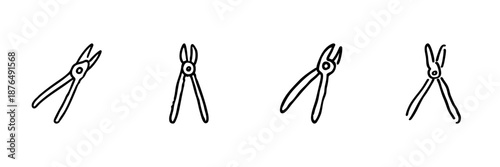 Pliers Tool Line Icon Set In Doodle Style. Hand Tool For Gripping, Cutting, And Twisting Outline Sketch Collection. Construction And Repair Equipment. Hand Drawn Isolated Vector Illustration