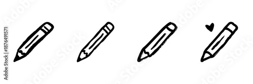 Pencil With Heart Line Icon Set In Doodle Style. Creative Writing, Artistic Expression, And Love For Drawing Outline Sketch Collection. Hand Drawn Isolated Vector Illustration