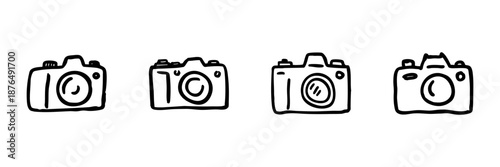 Camera Line Icon Set In Doodle Style. Photography Equipment And Digital Imaging Tools Outline Sketch Collection. Hand Drawn Isolated Vector Illustration