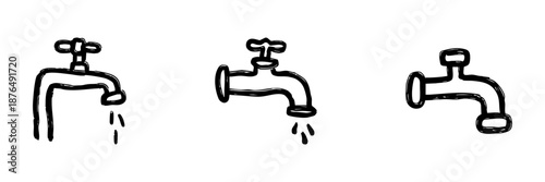 Water Faucet Line Icon Set In Doodle Style. Plumbing, Water Conservation, And Utility Management Outline Sketch Collection. Hand Drawn Isolated Vector Illustration