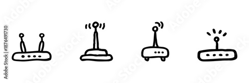 Wi-Fi Router And Signal Line Icon Set In Doodle Style. Wireless Connectivity And Internet Access Outline Sketch Collection. Network Communication Symbols. Hand Drawn Isolated Vector Illustration