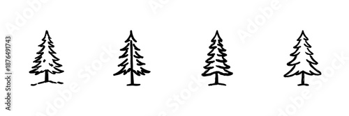 Four Pine Trees Line Icon Set In Doodle Style. Nature, Forest, And Evergreen Tree Outline Sketch Collection. Hand Drawn Isolated Vector Illustration