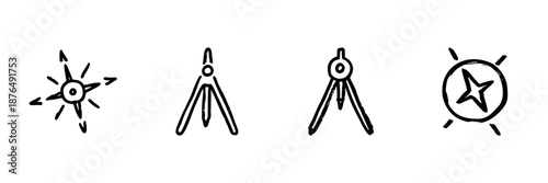 Compass And Navigation Tools Line Icon Set In Doodle Style. Directional Guidance, Mapping, And Exploration Outline Sketch Collection. Hand Drawn Isolated Vector Illustration