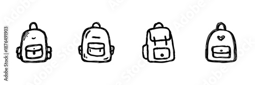Backpack Line Icon Set In Doodle Style. School, Travel, And Adventure Bag Outline Sketch Collection. Hand Drawn Isolated Vector Illustration
