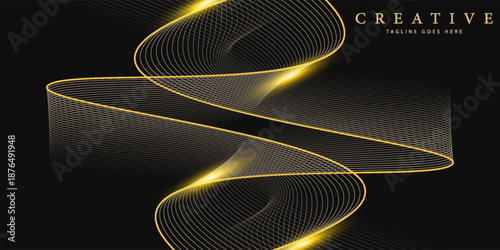 Abstract luxury with shining gold lines waves on black background. Futuristic background of flowing gold lines for banner, poster, cover, brochure, flyer, website