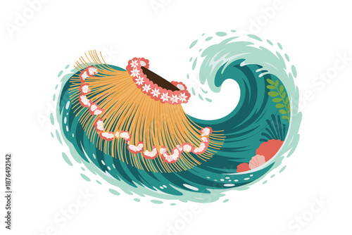 A vibrant vector illustration of a traditional Hawaiian hula skirt dancing on a wave