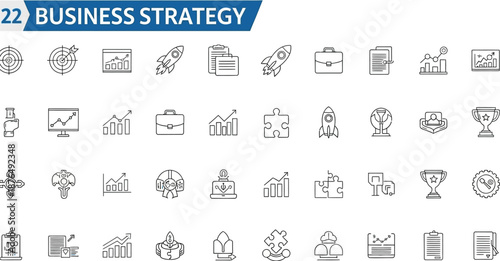 Collection of business strategy icons and symbols for planning and management