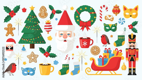 Festive christmas elements including santa tree gifts and decorative holiday items