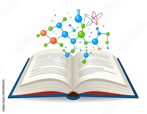 Open book illustration; colorful molecules, atoms, and a flask float above the pages on a white background