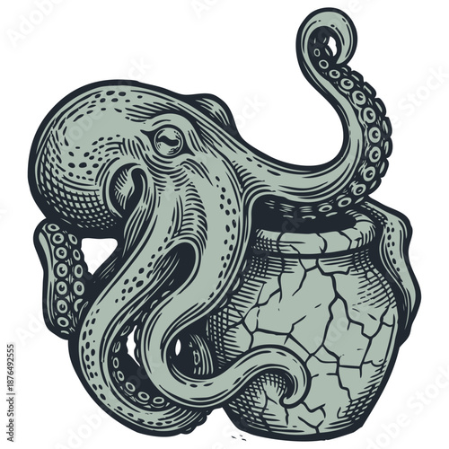 An octopus sitting in an old cracked pot or amphora. Vector illustration in a vintage engraving or woodcut style. Marine life and myth concept.