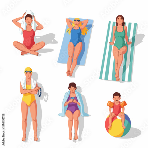 A collection of diverse people in swimwear enjoying summer and pool activities, including sunbathing, swimming, and relaxation.