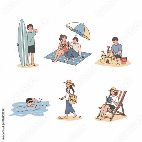 Cute illustration set of people enjoying summer holidays at the beach: surfing, swimming, sunbathing, reading, and sandcastle construction.