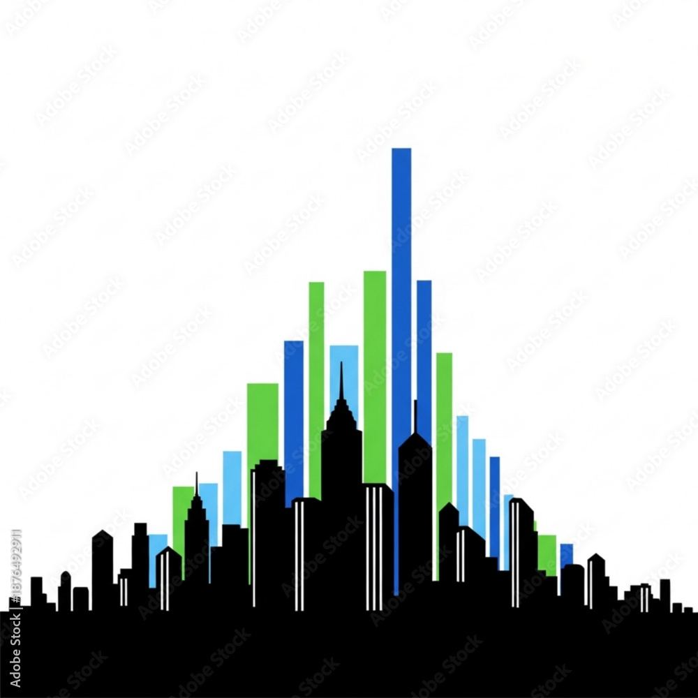 Fototapeta premium Modern city skyline with colorful graph bars rising