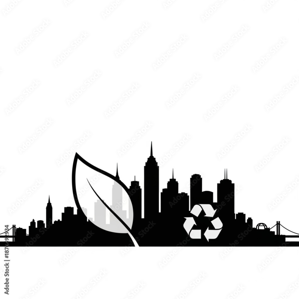 Naklejka premium Eco friendly cityscape with leaf and recycling symbol