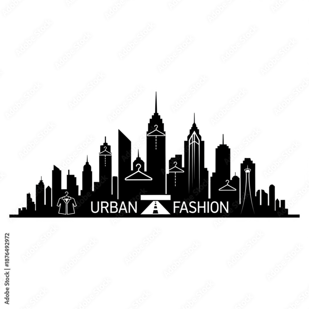 Obraz premium Urban fashion city skyline with clothing hangers and road
