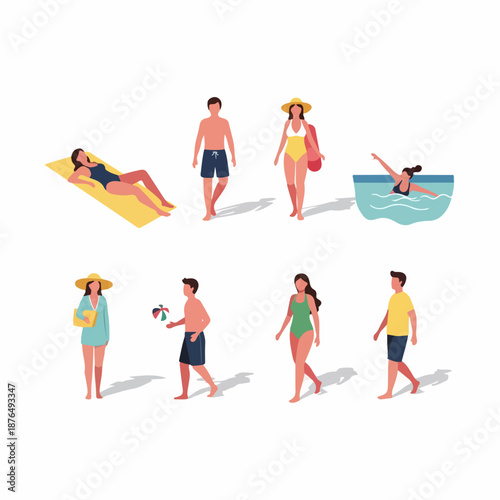 Flat design vector set of diverse people enjoying summer leisure activities like sunbathing, swimming, and walking in beachwear.