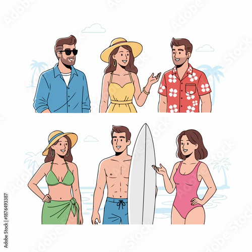 Cheerful group of friends enjoying a summer beach vacation, illustrated with people in swimwear, casual outfits, and a surfer holding a board.