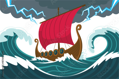 A vector graphic illustration of a Viking ship sailing through turbulent stormy seas with lightning in the sky