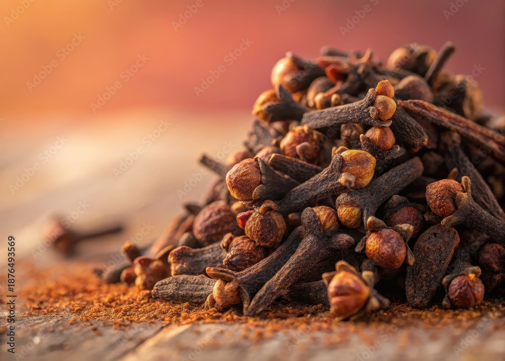 Obraz premium A macro closeup of a heap of aromatic dried brown cloves isolated on a white background, highlighting this essential spicy cooking ingredient and flavorful herbal seasoning