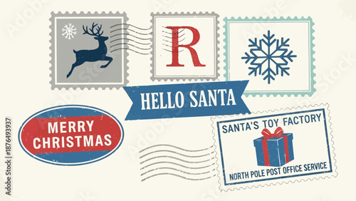 Vintage christmas postage stamps and festive greetings on aged paper background