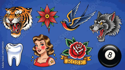 A collection of vintage style flash tattoos tiger bird rose and more