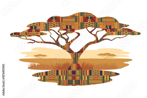 A colorful vector illustration of a tree with a Kente cloth pattern in a savannah setting