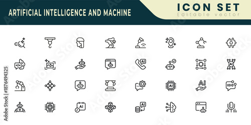 Artificial intelligence and Machine icon set. Editable Stroke Vector Set. Line Icon.