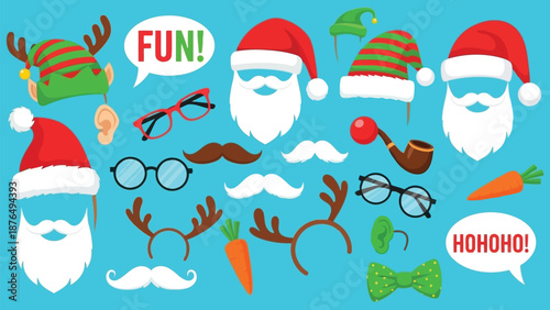 Festive christmas props including santa hats beards and reindeer antlers