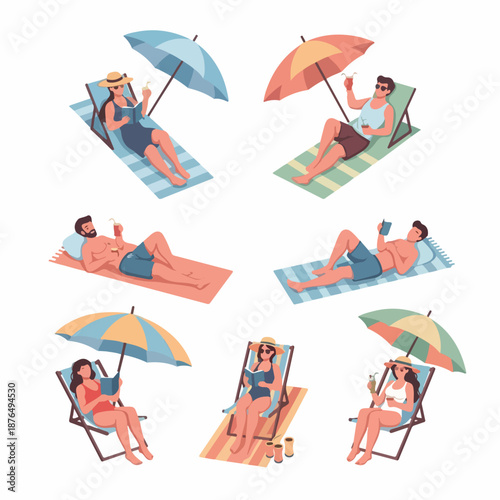 Summer beach vacation set with people relaxing under umbrellas, sunbathing, reading, and drinking cocktails in flat vector style.