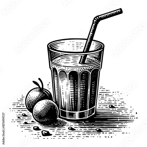 Black and White Engraving Style Glass of Juice with Straw and Two Fruits on Textured Ground