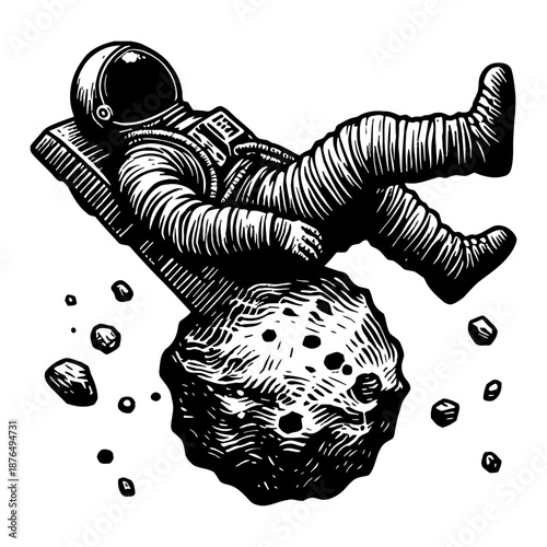 Astronaut Relaxing On Asteroid In Space Black And White Illustration