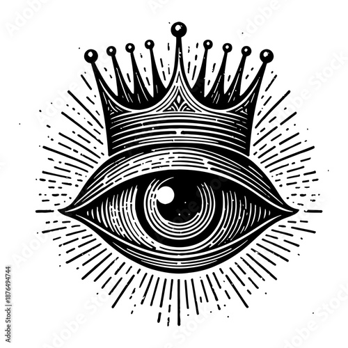 Black and White Engraved All Seeing Eye Symbol With Crown and Rays