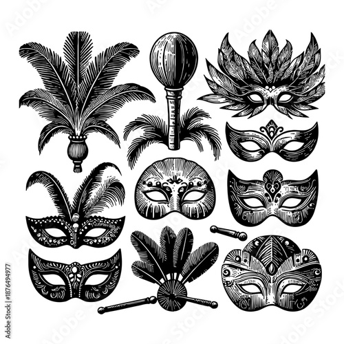 Collection of Decorative Venetian Masks and Feathered Headdresses Black and White Engraving Style