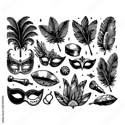 Collection Of Masquerade Masks Feathers And Party Elements In Black And White Artistic Style