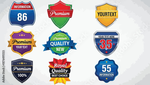 Collection of colorful badges and labels with text and graphic elements