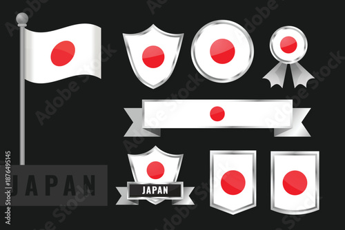 Japan flag set. Collection of Japan national emblems. Flat design of flags collection.