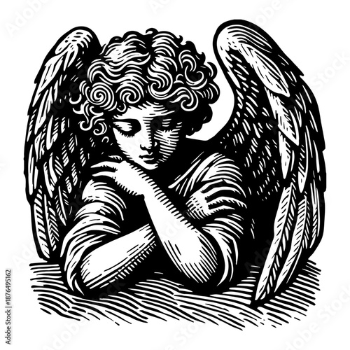 Detailed Woodcut Engraving Of An Angelic Cherub With Curly Hair And Large Wings In A Contemplative