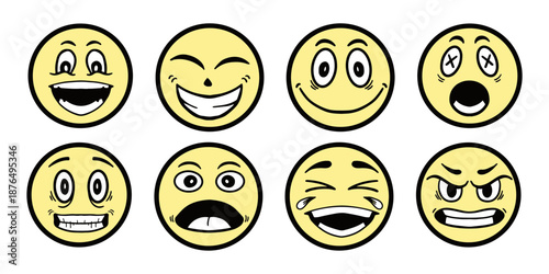 Hand drawn comic style emoji collection with various facial expressions. Cartoon style. Flat design vector illustration