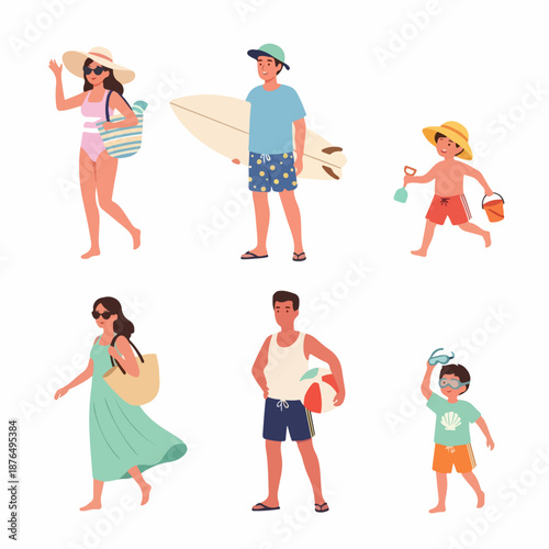 Diverse set of flat illustration characters enjoying summer beach activities like surfing, sunbathing, and playing in the sand.