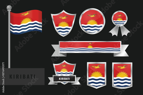 Vector collection of Kiribati national flags and emblems. Includes waving flag, shields, badges, ribbons, banners with red field, golden sun rising over Pacific Ocean waves and three frigatebirds flyi