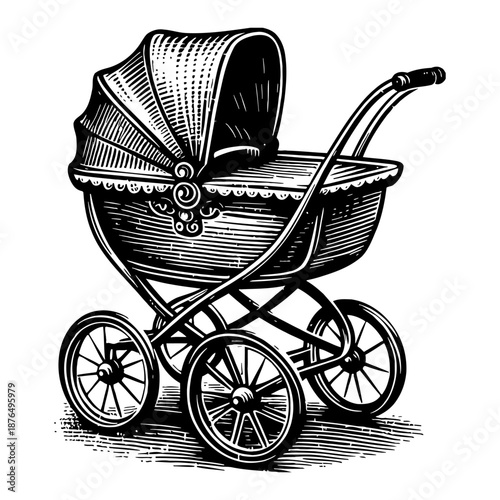 Vintage Baby Carriage With Large Wheels And Canopy Detailed Engraving Style Illustration Isolated