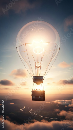 An innovative idea carrying a briefcase soars through a majestic sky above a winding river at sunset