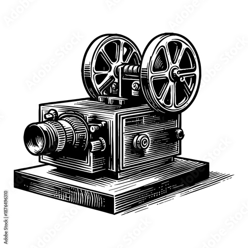 Vintage Film Projector Detailed Line Art Illustration Isolated on White Background