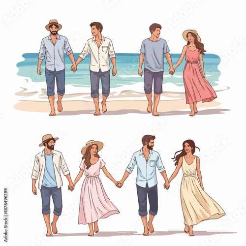 Stylish couples and friends holding hands walking barefoot along the sandy beach shore, illustrated set for summer travel and togetherness.