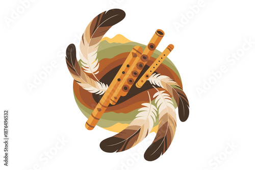 A vector graphic illustration of two flutes surrounded by feathers in a circular design