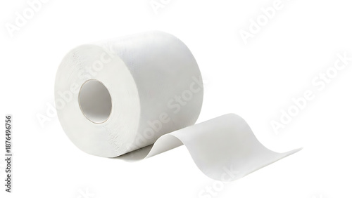 A clean white roll of toilet paper with a single sheet unrolled on a white background