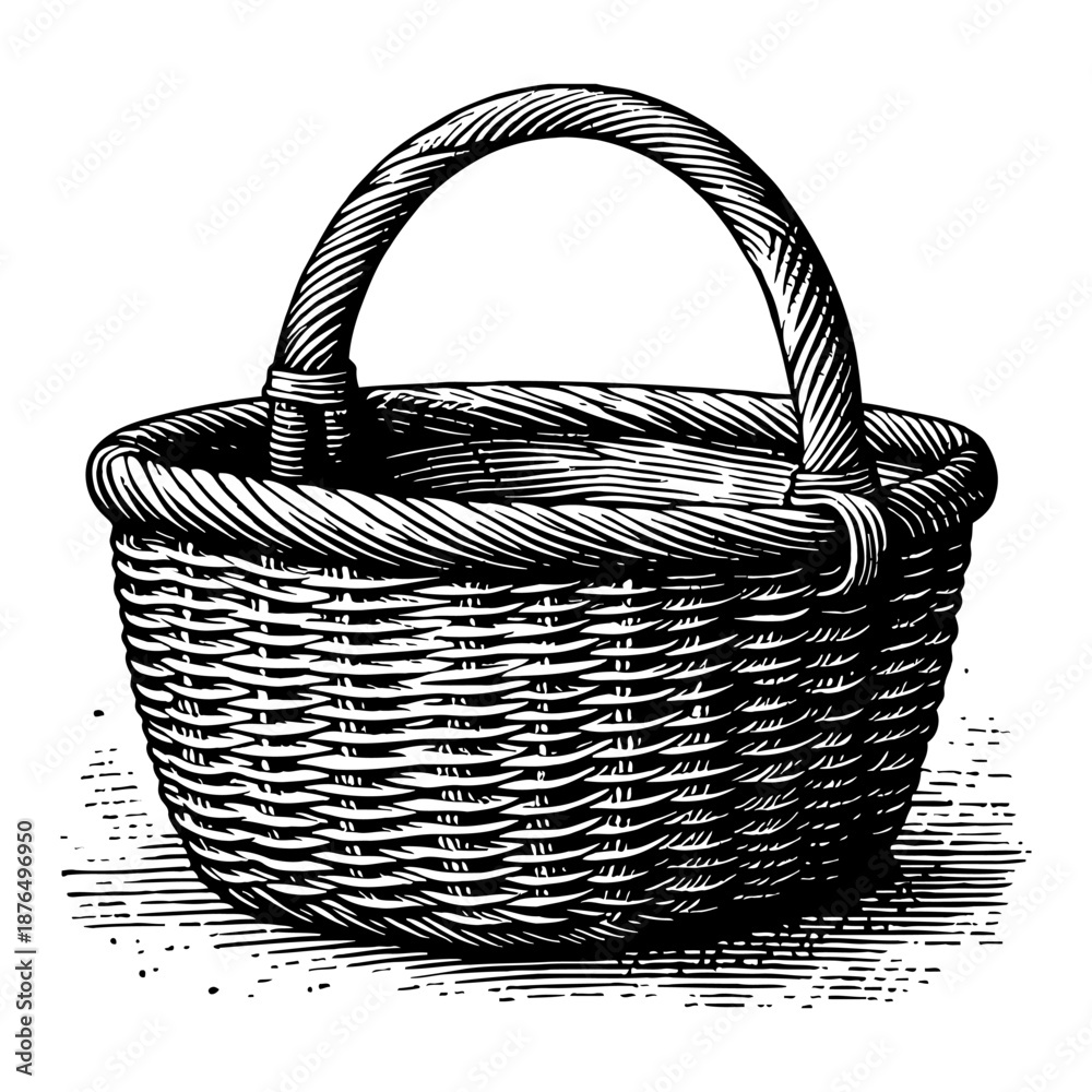 Obraz premium Wicker Basket With Handle On White Background Black And White Illustration