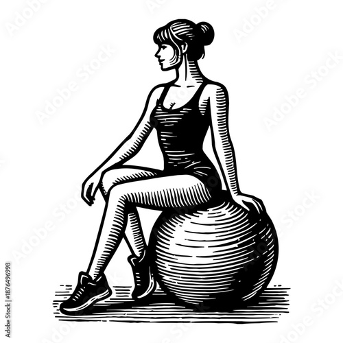 Woman In Black Swimsuit Sitting On A Large Exercise Ball Wearing Sneakers